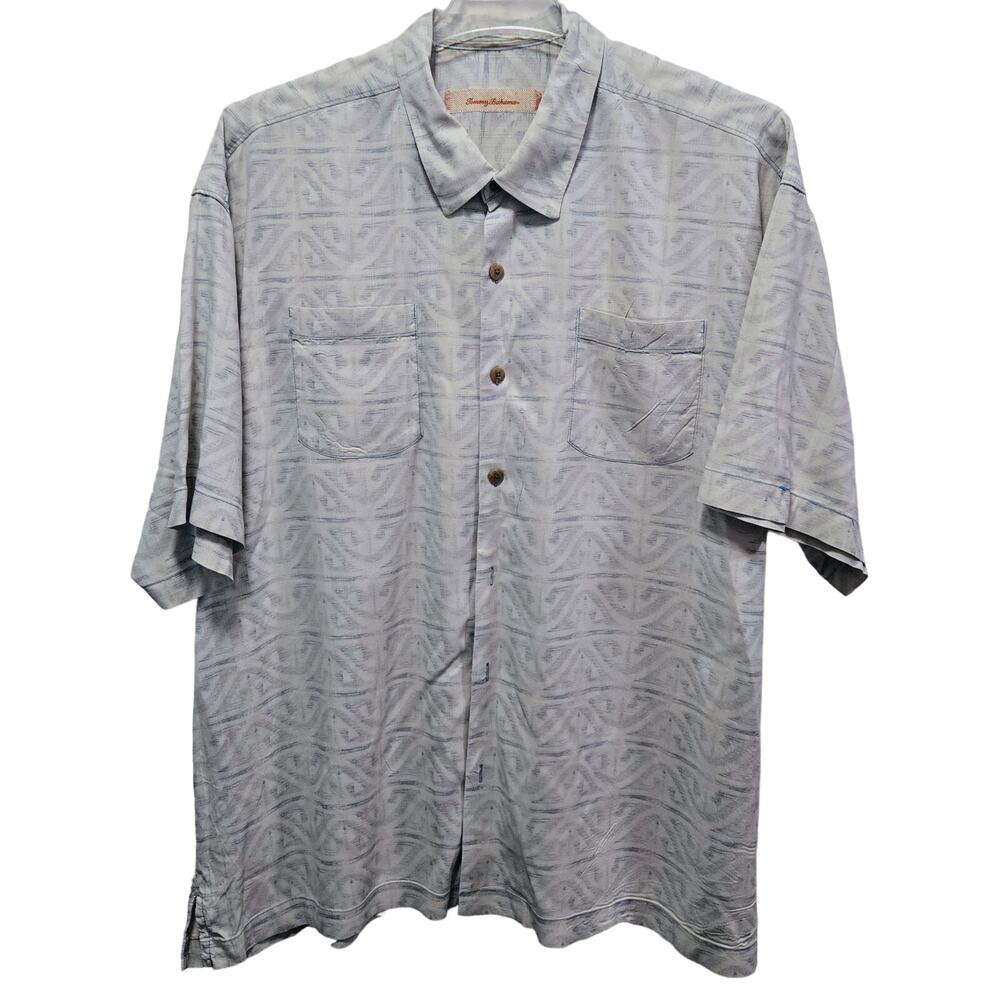 Tommy Bahama Men's XXL Tan/Blue Short-Sleeve Button-Up Collared 100% Silk Shirt
